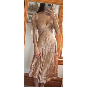 Rare NWT Vintage Y2K 90s Studio Y Satin Beige Tan Bow Lace Dress